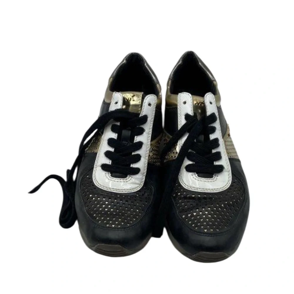 Michael Kors Women's Allie Metallic-Trim Black/Gold Leather Sneakers Sz 8